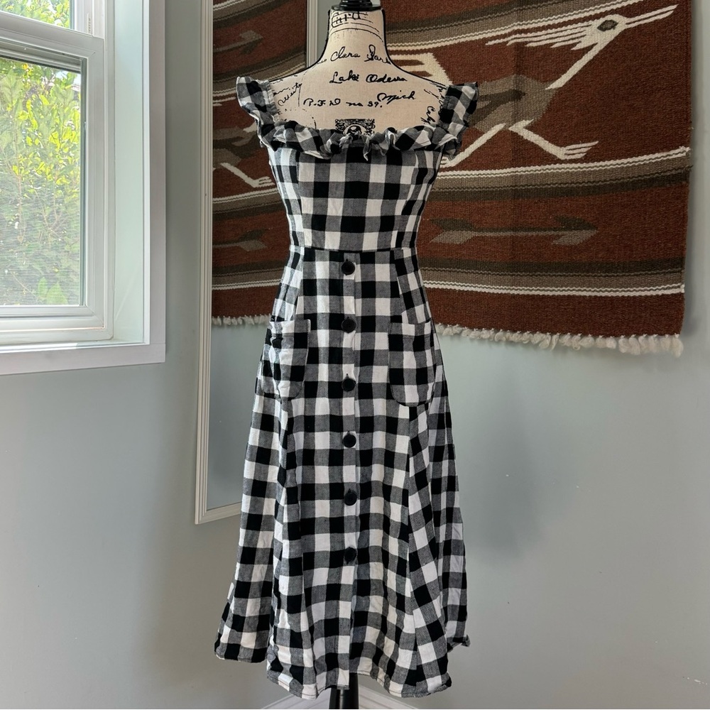Reformation Hattie Linen Off-Shoulder Dress in Luke Check
